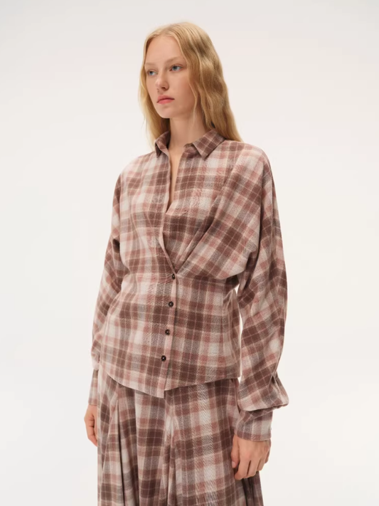 Mocha Check Reverie – Asymmetrical Button-Up Shirt