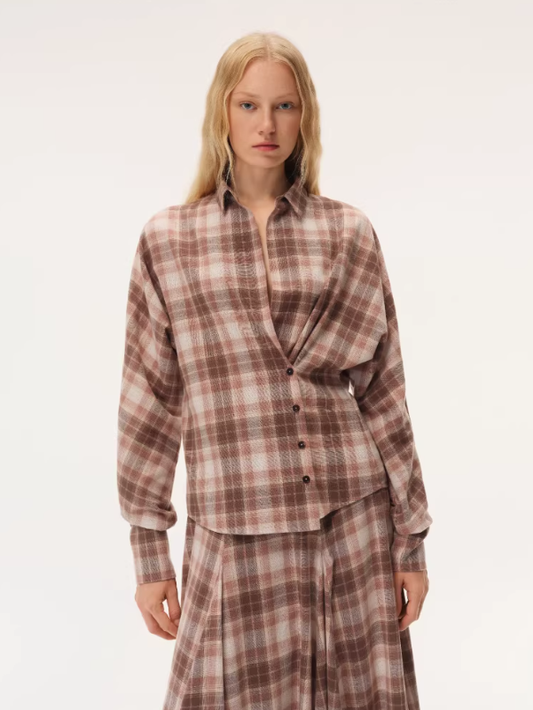 Mocha Check Reverie – Asymmetrical Button-Up Shirt