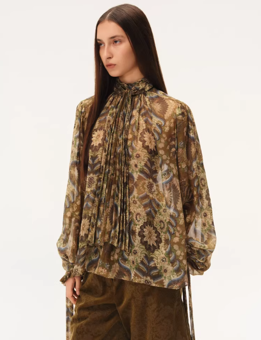 Palm Scroll Drift – Pleated Ribbon Blouse