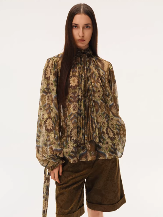 Palm Scroll Drift – Pleated Ribbon Blouse