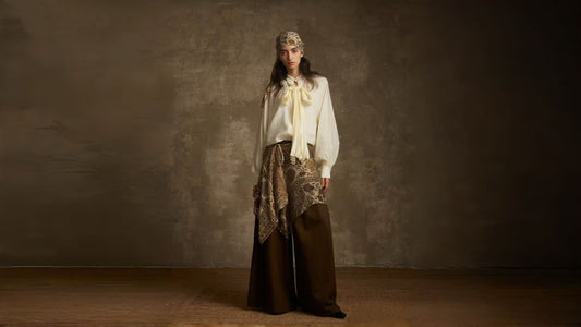 Embrace the Feminine Flow: Palm Scroll Drift – Pleated Ribbon Blouse