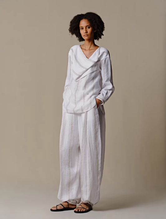 Breeze Stripe – One-Shoulder Linen Top